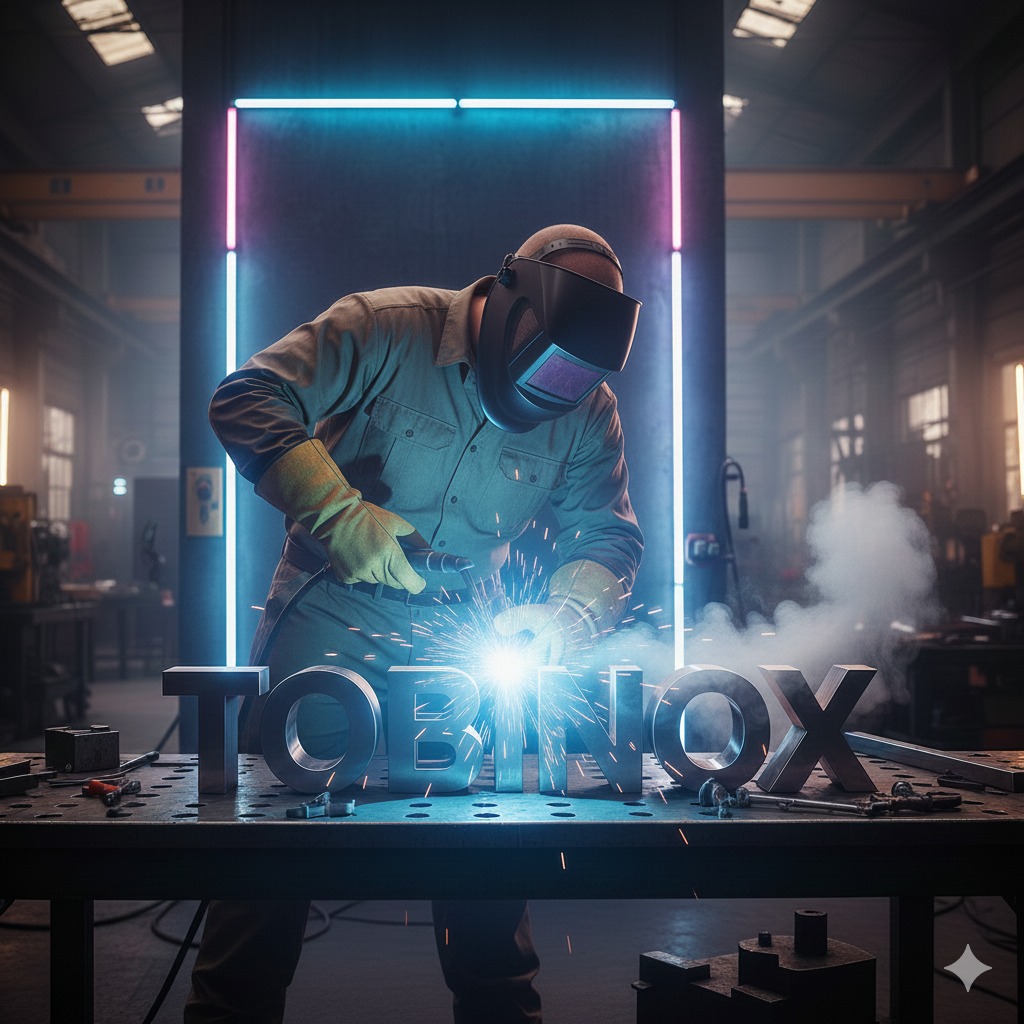 Spawacz w masce spawalniczej łączy metalowe litery 'TOBINOX' na stole warsztatowym, iskry i dym, neonowe oświetlenie w tle, hala produkcyjna.