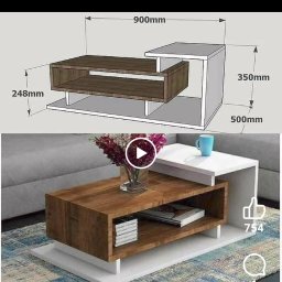 Konrad - Projekt stolika kawowego z wymiarami, wizualizacja 3D i zdjęcie gotowego mebla. Drewniany blat, białe elementy, nowoczesny design.