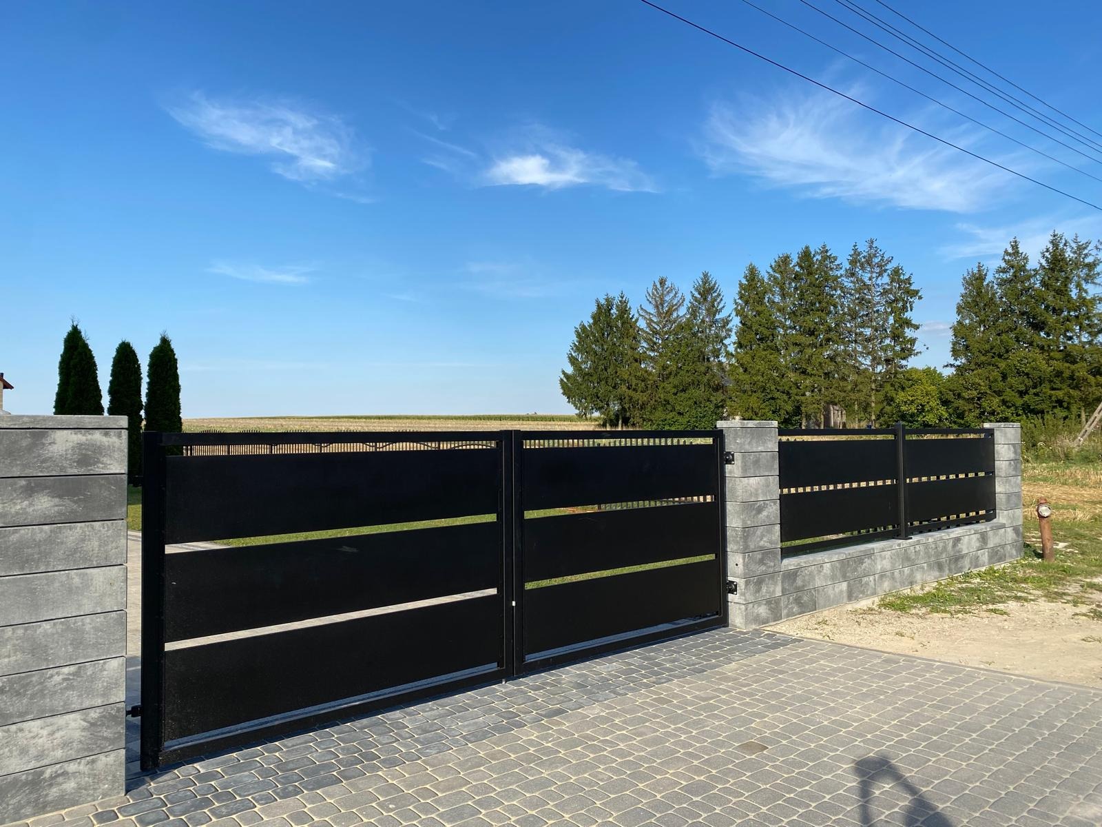 Ogrodzenie stalowe cynkowane ogniowo malowane proszkowo na kolor 9005 z drobną strukturą.