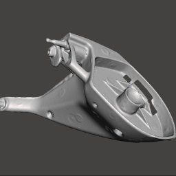 Semi 3D - Szary model 3D części samochodowej z widocznymi otworami i wypustkami, prezentowany na jednolitym, ciemnym tle. Model wydaje się być prototypem lub wizualizacją.