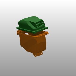 Semi 3D - Rozłożony model 3D obudowy urządzenia w kolorach zielonym i brązowym, prezentujący detale konstrukcyjne i potencjalne połączenia elementów.