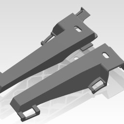Semi 3D - Szare, symetryczne elementy z tworzywa sztucznego, prawdopodobnie wydrukowane w 3D, leżące na jasnym tle. Widoczne otwory i uchwyty, sugerujące zastosowanie w konstrukcji.