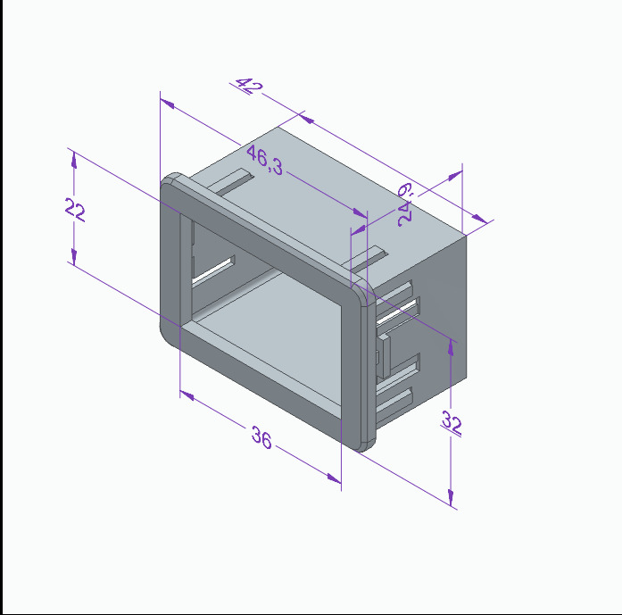 Techniczny rysunek 3D szarego, prostokątnego elementu z zaznaczonymi wymiarami w milimetrach, prezentowany w perspektywie izometrycznej na jasnym tle.