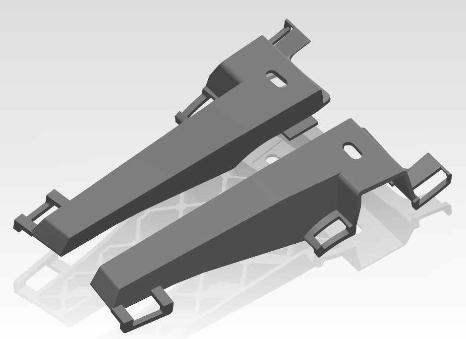 Szare, symetryczne elementy z tworzywa sztucznego, prawdopodobnie wydrukowane w 3D, leżące na jasnym tle. Widoczne otwory i uchwyty, sugerujące zastosowanie w konstrukcji.