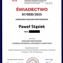Certyfikowane szkolenie z zakresu dezynfekcji, dezynsekcji i deratyzacji.
Pracujemy zgodnie z procedurami i zasadami bezpieczeństwa.