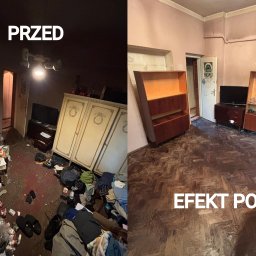 Sanito24 Sprzątanie specjalistyczne i dezynfekcja - Pokój przed i po: od zagraconego wnętrza z brudnym dywanem i rozrzuconymi rzeczami do czystego pomieszczenia z odsłoniętym, lśniącym parkietem i uporządkowanymi meblami.
