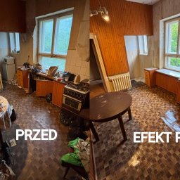 Sanito24 Sprzątanie specjalistyczne i dezynfekcja - Porównanie pomieszczenia przed i po sprzątaniu: od zagraconego wnętrza z brudną podłogą i śmieciami do czystego, uporządkowanego pokoju z lśniącą posadzką i pustymi blatami.