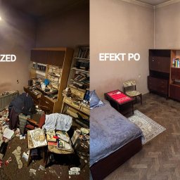 Sanito24 Sprzątanie specjalistyczne i dezynfekcja - Porównanie pokoju: po lewej stronie ekstremalny bałagan z rozrzuconymi śmieciami i brudnymi ścianami; po prawej uporządkowane wnętrze z czystą podłogą i meblami.
