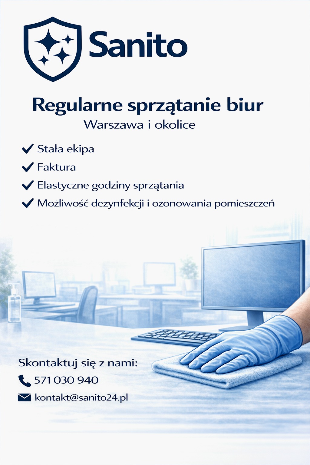 Regularne sprzątanie biur w Warszawie i okolicach. Stała ekipa, jasne zasady i elastyczne godziny sprzątania.
