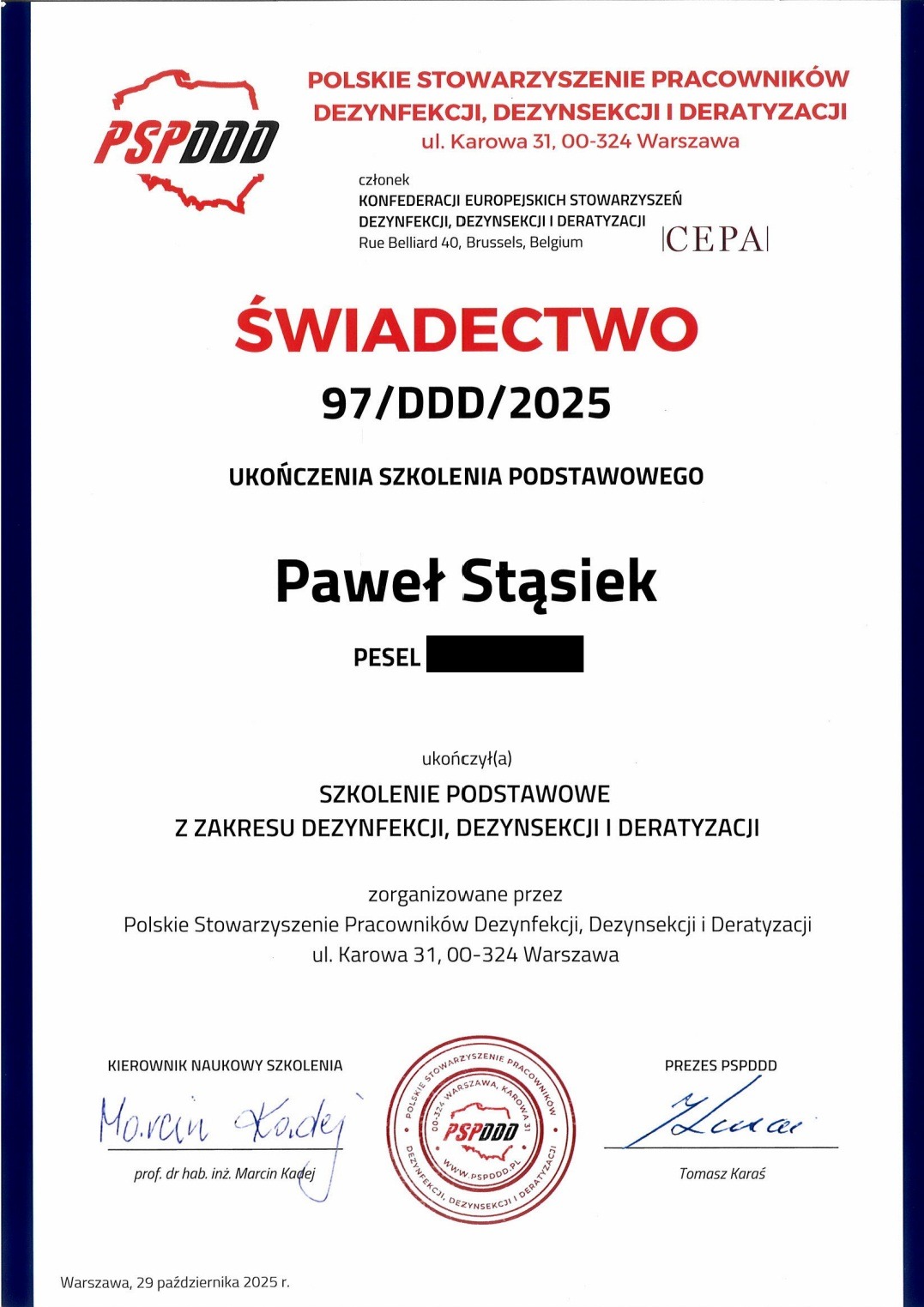 Świadectwo ukończenia szkolenia podstawowego z zakresu DDD dla Pawła Stąsiek, wydane przez PSPDDD w Warszawie. Dokument z pieczęciami i podpisami.