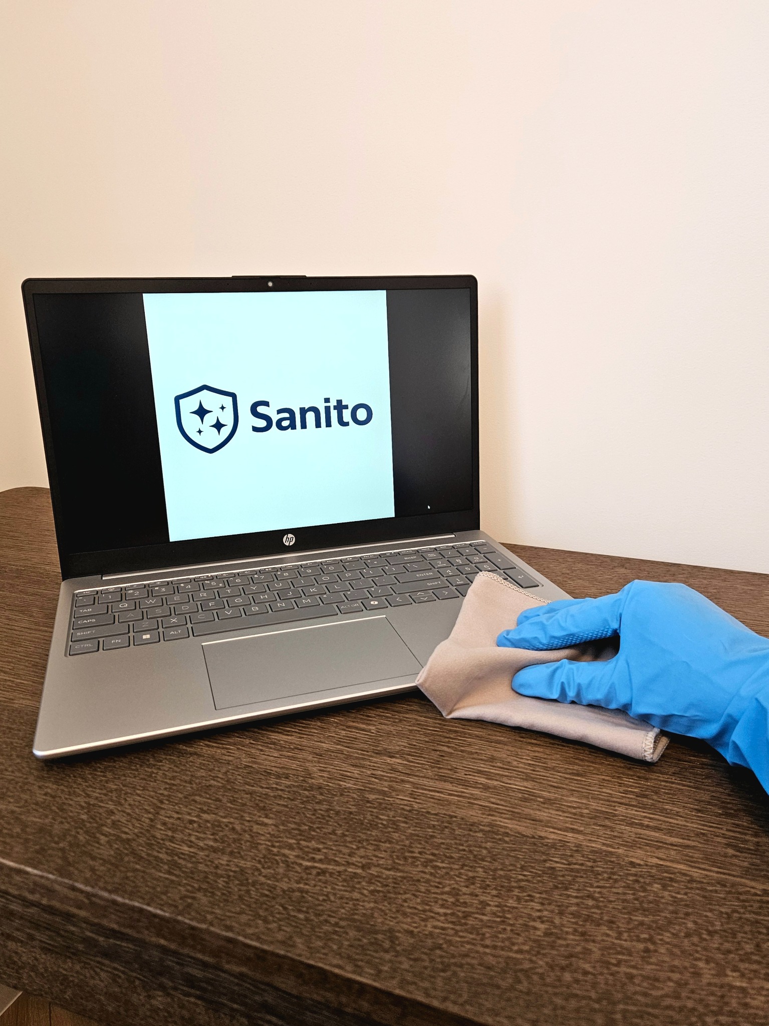 Dezynfekcja laptopa szarą ściereczką przez osobę w niebieskiej rękawiczce. Na ekranie logo firmy Sanito. Ujęcie z bliska na biurku o drewnianej fakturze.