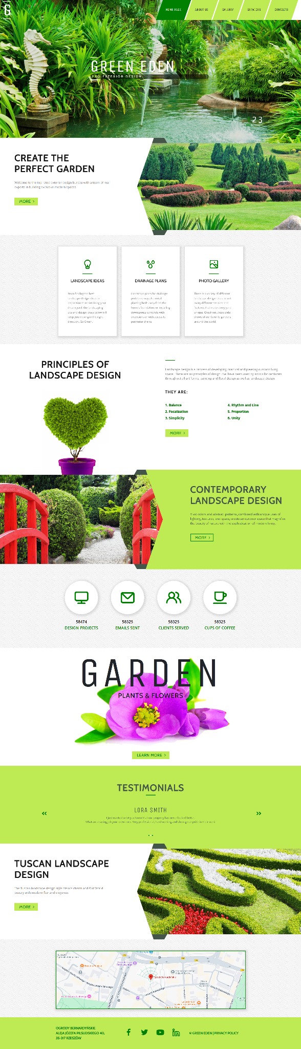 Strona internetowa firmy ogrodniczej z zielonym motywem, prezentująca usługi projektowania krajobrazu, drenażu i galerię zdjęć ogrodów. Zawiera sekcję z opiniami klientów.