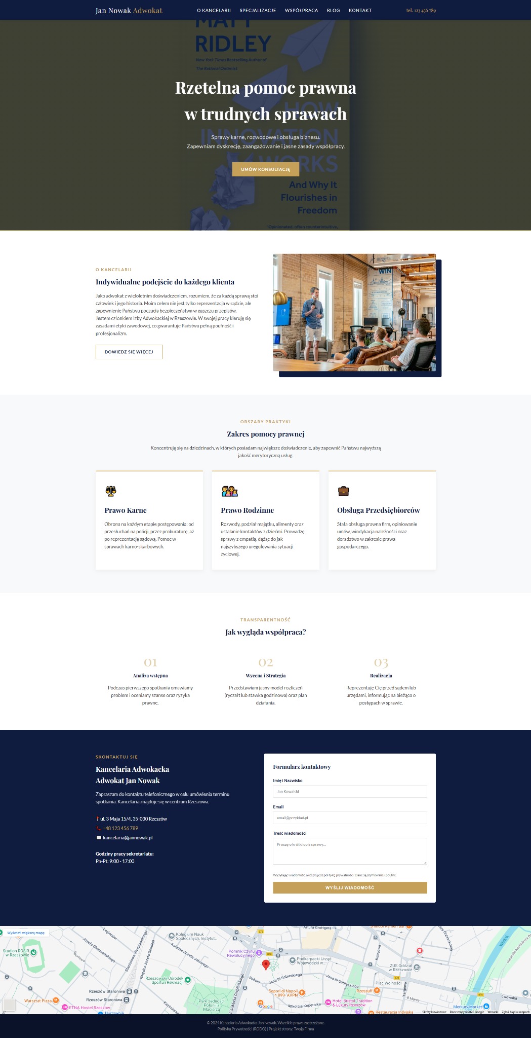 Strona internetowa kancelarii adwokackiej Jana Nowaka z Rzeszowa. Układ strony zawiera sekcje o specjalizacji, współpracy, blogu, kontakcie i formularz kontaktowy.