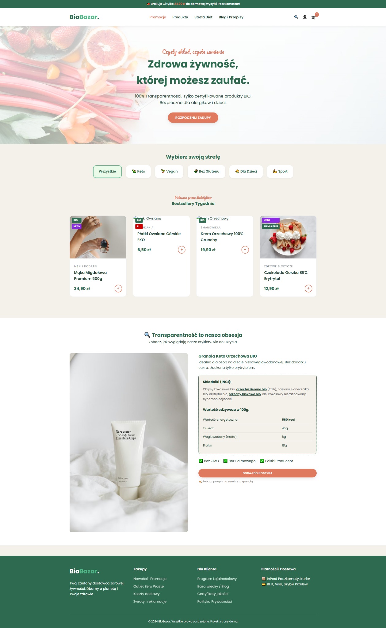 Strona internetowa BioBazar z ofertą zdrowej żywności: mąka migdałowa, płatki owsiane, krem orzechowy, czekolada gorzka i balsam do ciała. Transparentność składu i wartości odżywcze.