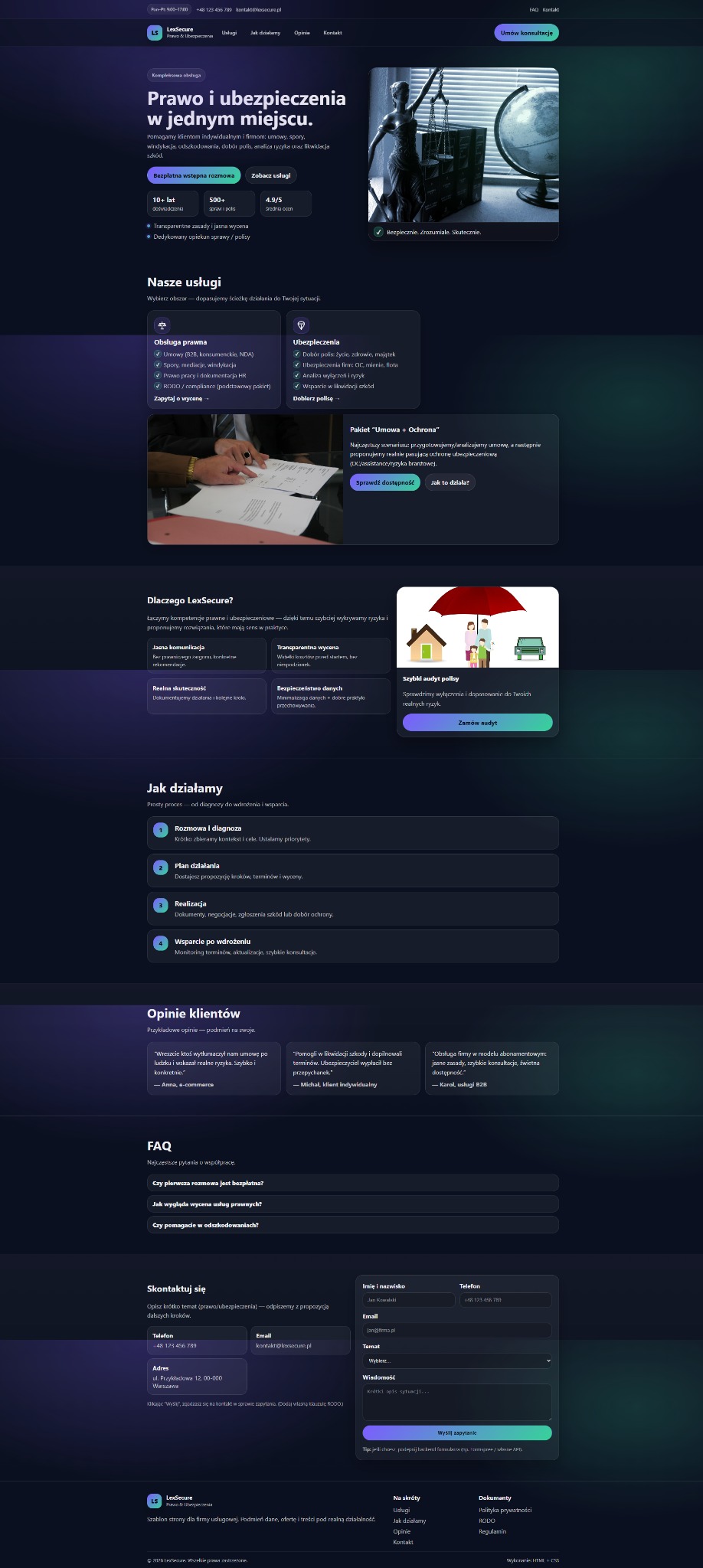 Strona internetowa firmy prawno-ubezpieczeniowej LexSecure z ofertą usług, opiniami klientów i danymi kontaktowymi. Prezentacja kompleksowej obsługi prawnej i ubezpieczeniowej.