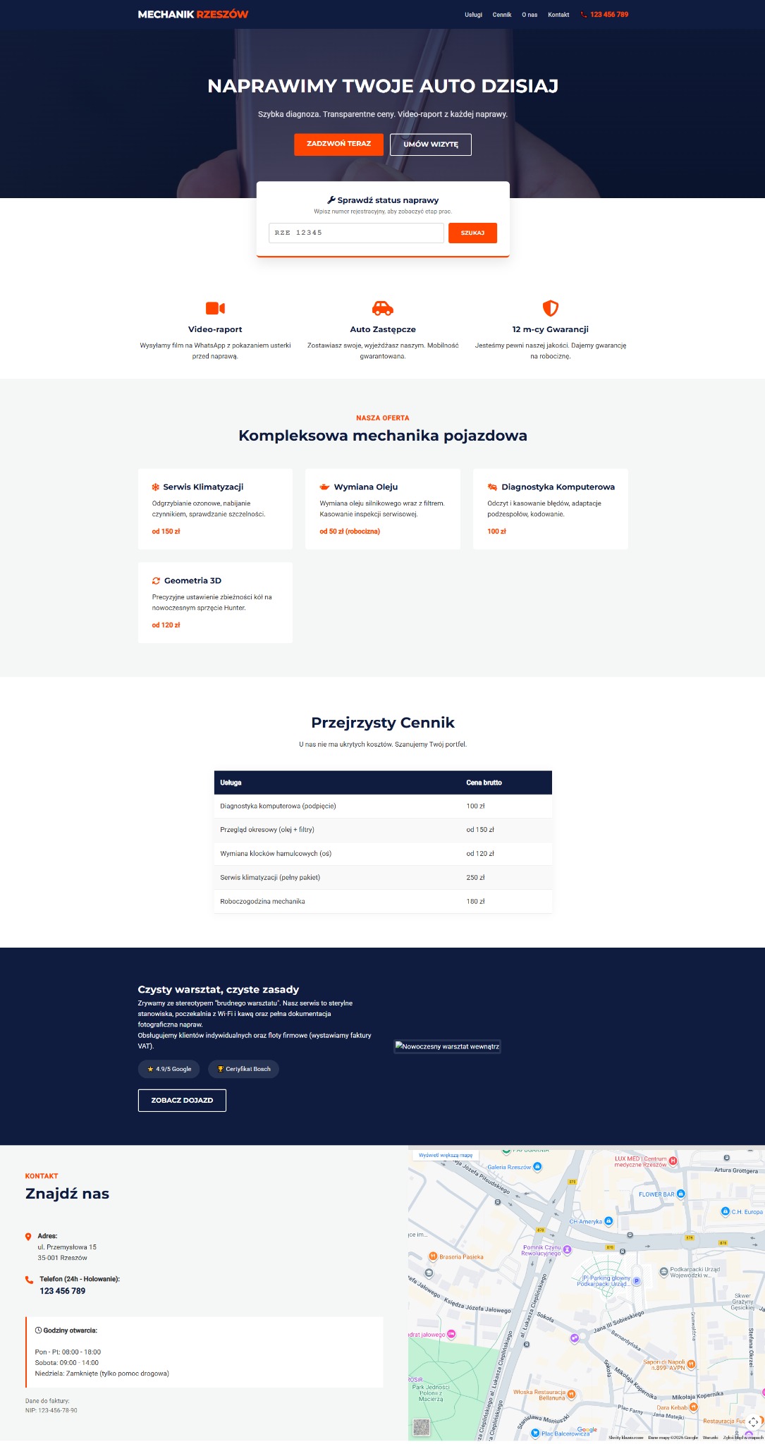 Strona internetowa warsztatu samochodowego z ofertą usług: serwis klimatyzacji, wymiana oleju, diagnostyka komputerowa i przejrzysty cennik. Nowoczesny design.