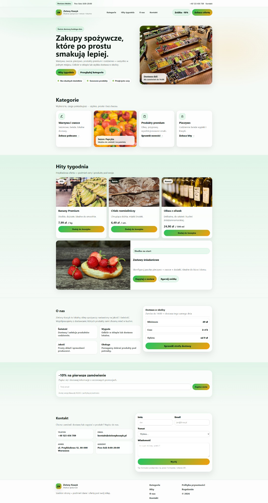 Strona internetowa sklepu spożywczego z ofertą świeżych produktów, kategorii, hitów tygodnia i formularzem kontaktowym. Widoczny koszyk z zakupami i informacje o dostawie.