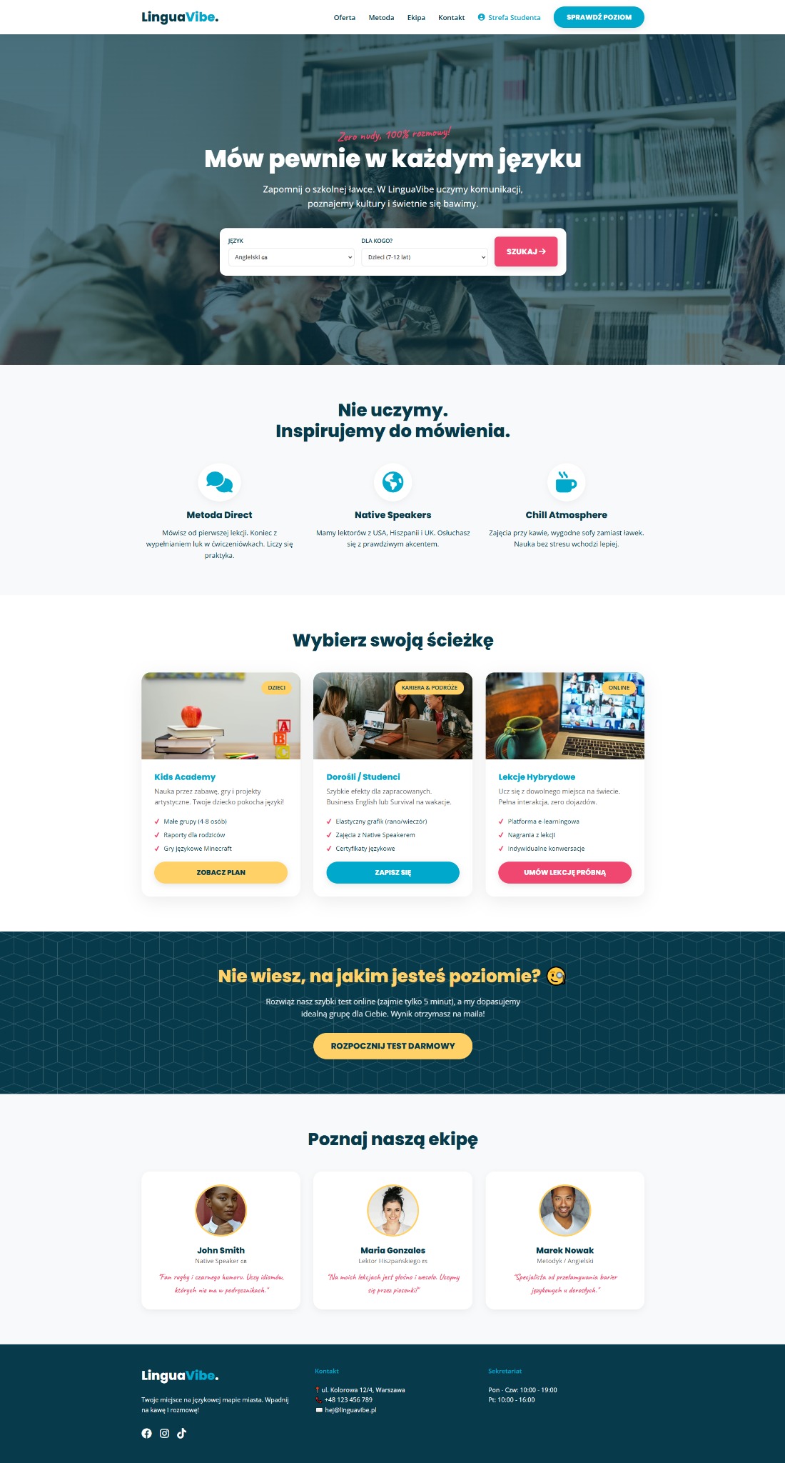 Strona internetowa szkoły językowej LinguaVibe z ofertą kursów dla dzieci i dorosłych, prezentująca metodę Direct, native speakerów i chill atmosphere. Grafika z zespołem i testem poziomującym.