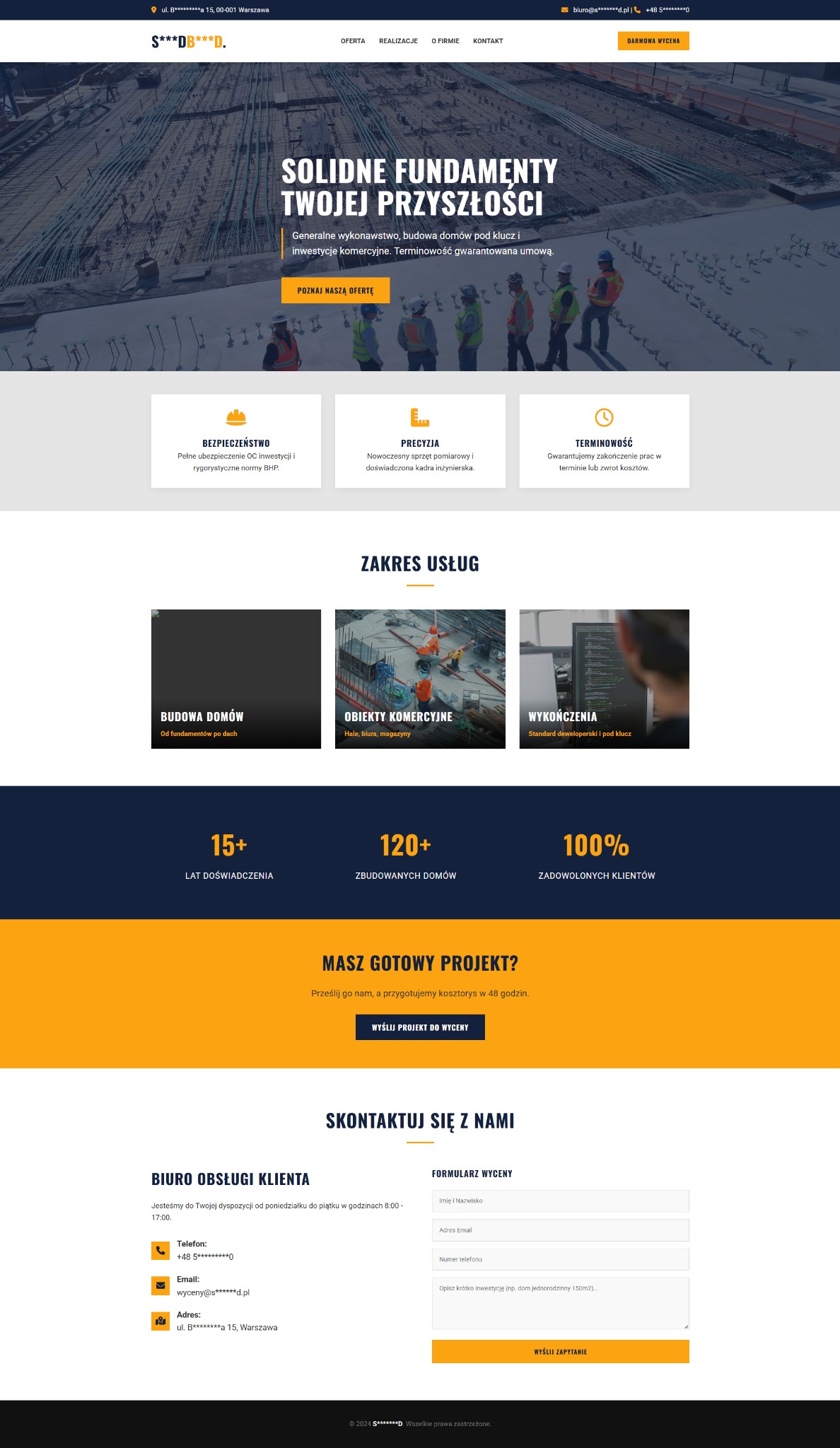 Strona internetowa firmy budowlanej z ofertą budowy domów i obiektów komercyjnych, podkreślająca solidne fundamenty i terminowość realizacji.
