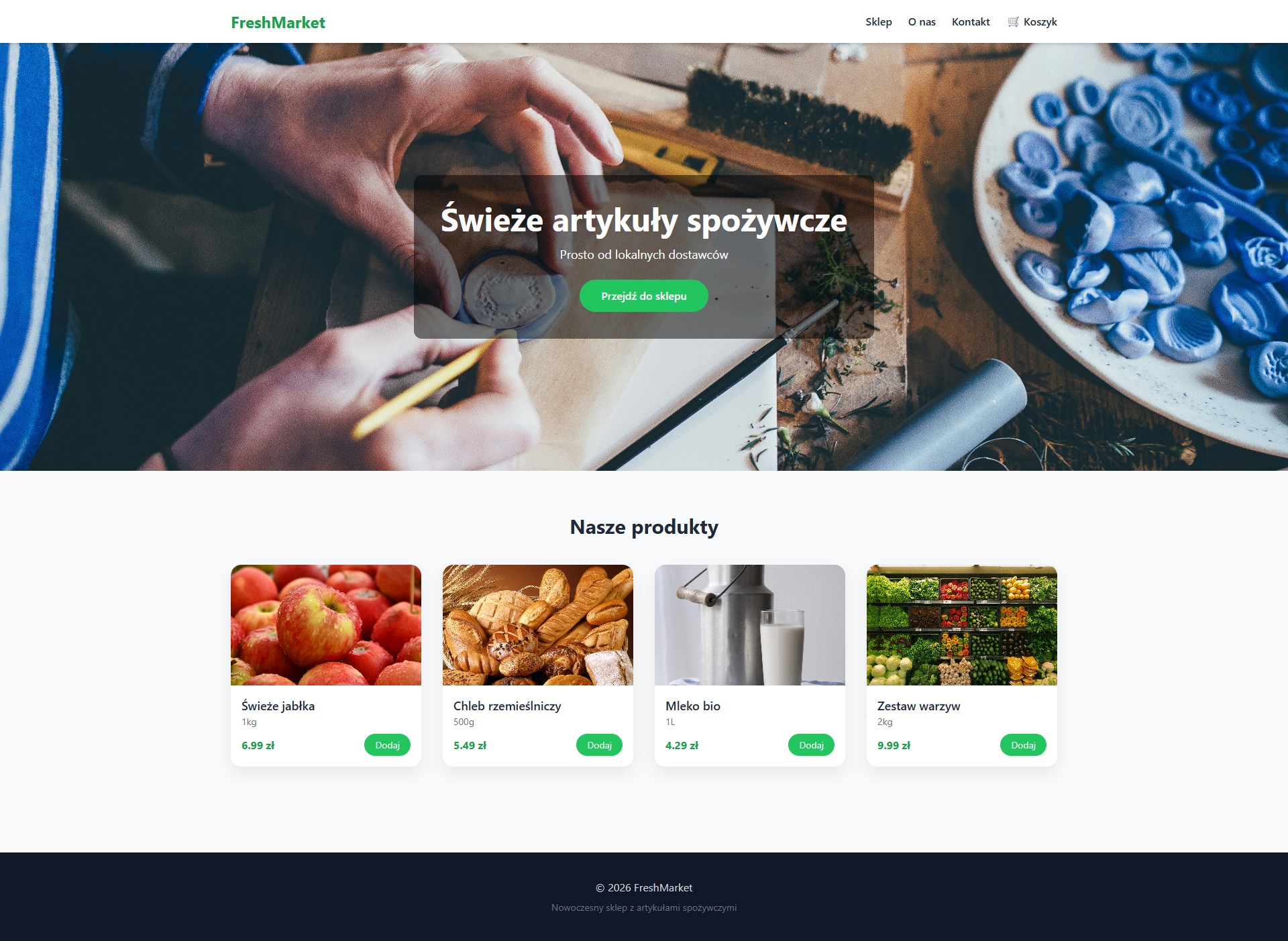 Strona internetowa sklepu spożywczego z Błażowej, prezentująca świeże artykuły i produkty bio. Widoczne jabłka, chleb, mleko i warzywa. Grafika strony w jasnych, naturalnych barwach.