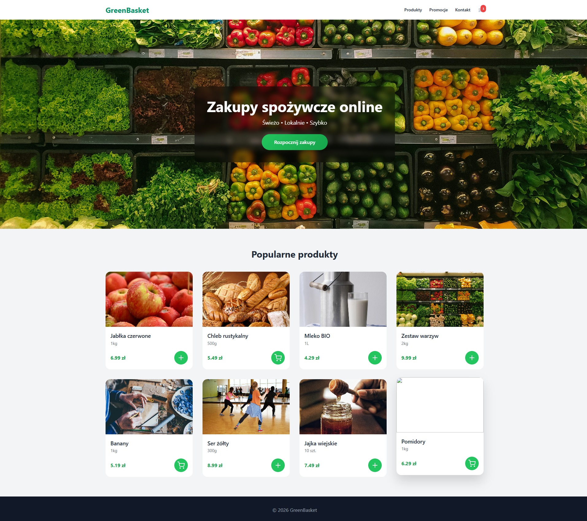 Strona internetowa sklepu spożywczego GreenBasket z ofertą online: świeże warzywa, owoce i inne produkty. Widoczne kategorie i przycisk 'Rozpocznij zakupy'.