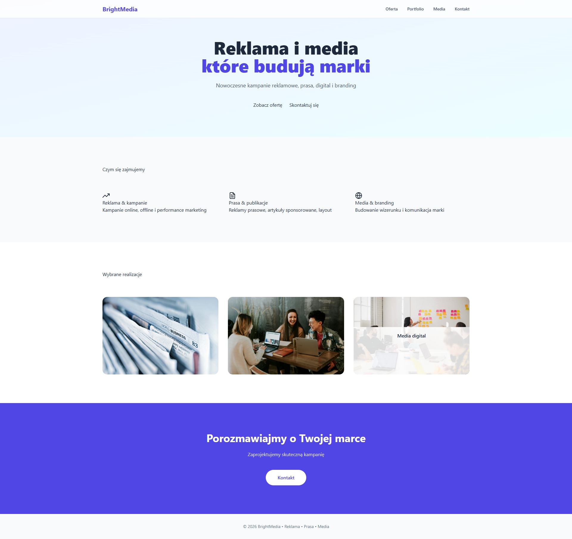 Strona internetowa agencji reklamowej BrightMedia z nagłówkiem 'Reklama i media które budują marki' i przykładami realizacji: prasa, media digital, branding.
