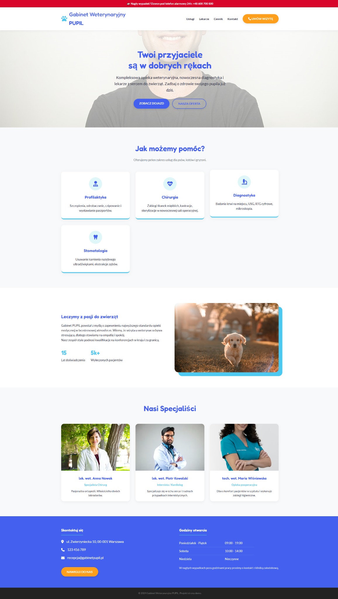 Strona gabinetu weterynaryjnego Pupil z ofertą profilaktyki, chirurgii, diagnostyki i stomatologii. Zdjęcie szczeniaka i portrety specjalistów. Kontakt i godziny otwarcia.
