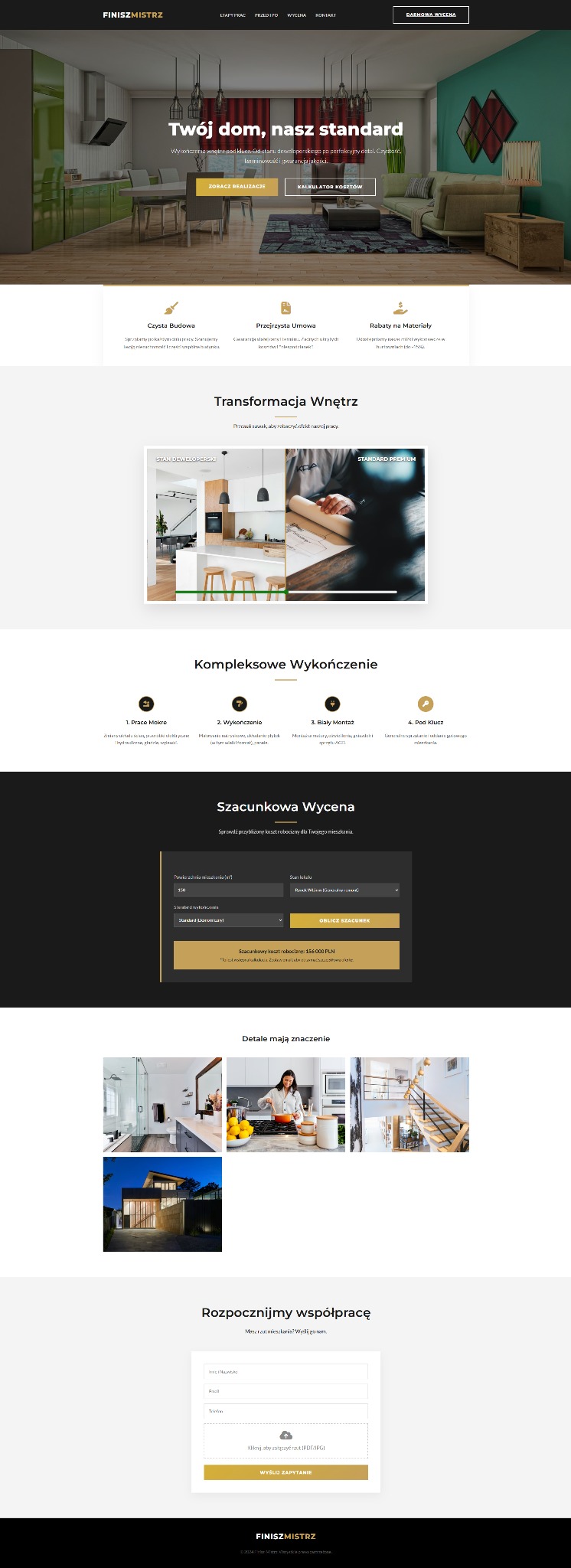 Strona internetowa firmy remontowej z wizualizacją wnętrz, kalkulatorem kosztów i formularzem kontaktowym. Prezentacja usług wykończeniowych i transformacji wnętrz.