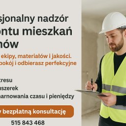 AP REMONTEX SPÓŁKA Z OGRANICZONĄ ODPOWIEDZIALNOŚCIĄ - Mężczyzna w kasku i kamizelce nadzoruje remont, notując na podkładce. W tle surowe ściany i tekst o nadzorze remontów mieszkań i domów.