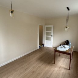 Green Work - Jasne, puste wnętrze pokoju po malowaniu ścian i położeniu paneli podłogowych. Widoczne lampy, drzwi i stół z przedmiotami. Świeżo wyremontowane pomieszczenie.