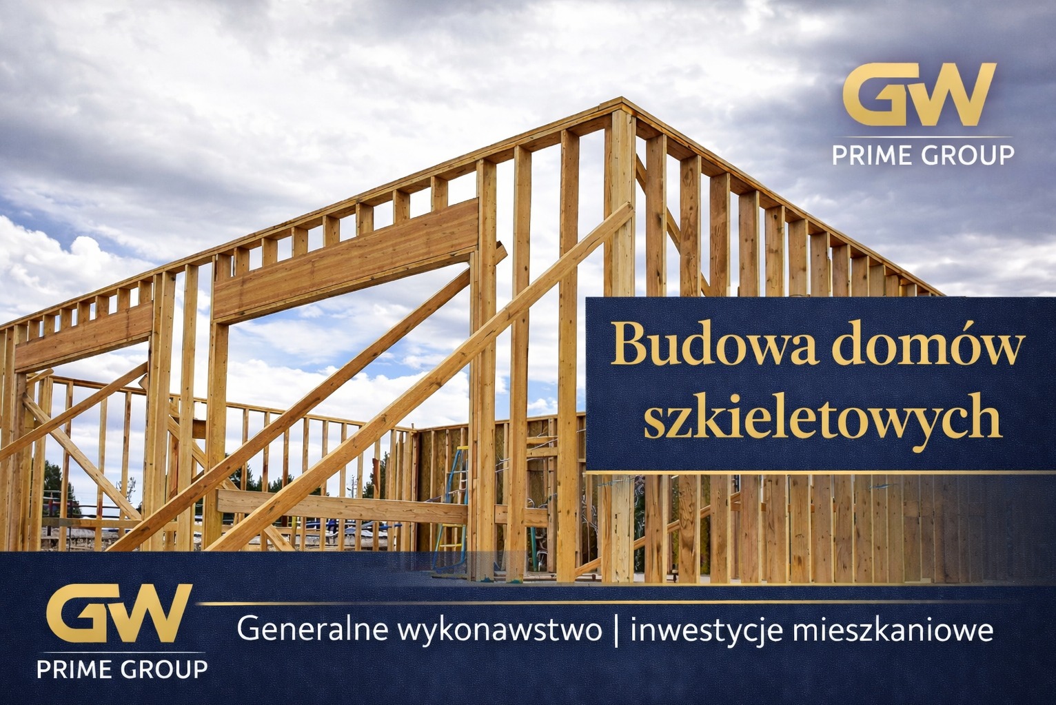 Konstrukcja szkieletowa domu w trakcie budowy, widoczne drewniane elementy nośne na tle pochmurnego nieba. Ujęcie z zewnątrz, prezentujące etap wznoszenia ścian.