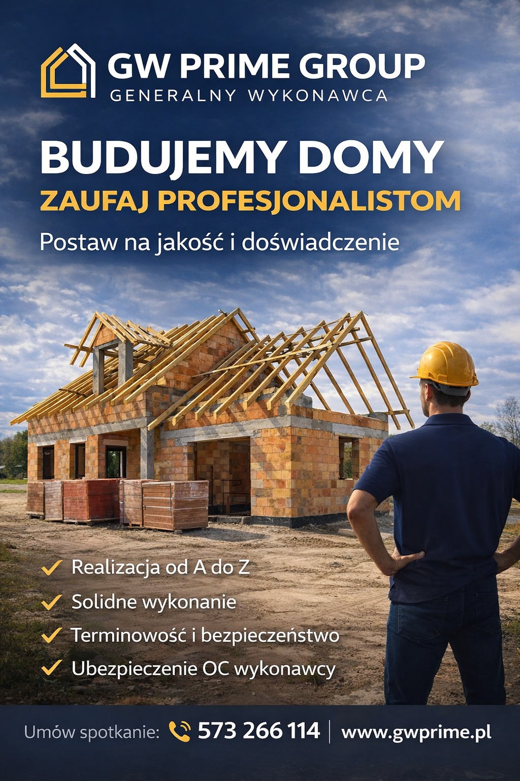 Budowa domu w trakcie realizacji. Murarz w kasku obserwuje postęp prac. Widoczne cegły, drewniana konstrukcja dachu i palety z materiałami budowlanymi.