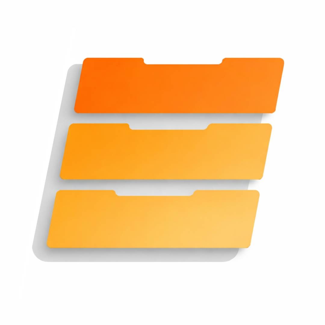 Graficzna reprezentacja trzech poziomych, pomarańczowych zakładek z wycięciami, ułożonych jedna nad drugą na białym tle z delikatnym cieniem, tworzących abstrakcyjny układ.