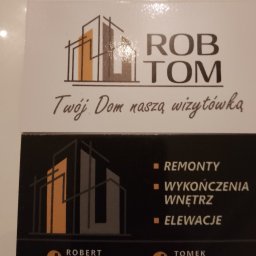 Tomasz koczorowski - Wizytówka firmy budowlanej Rob-Tom z logo przedstawiającym budynek. Oferta obejmuje remonty, wykończenia wnętrz i elewacje. Numery kontaktowe do Roberta i Tomka.