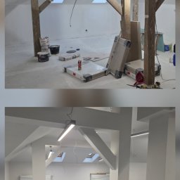 ArtBud - Zdjęcie 'przed i po' przedstawia adaptację poddasza: surowe drewno i kable kontra białe ściany, szare panele i nowoczesne oświetlenie. Widoczne okna dachowe.