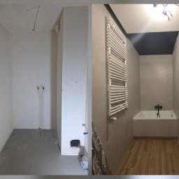 ArtBud - Zdjęcie 'przed i po' prezentujące metamorfozę łazienki: od surowego stanu z grzejnikiem owiniętym folią, do wykończonej przestrzeni z wanną, grzejnikiem i drewnopodobną podłogą.