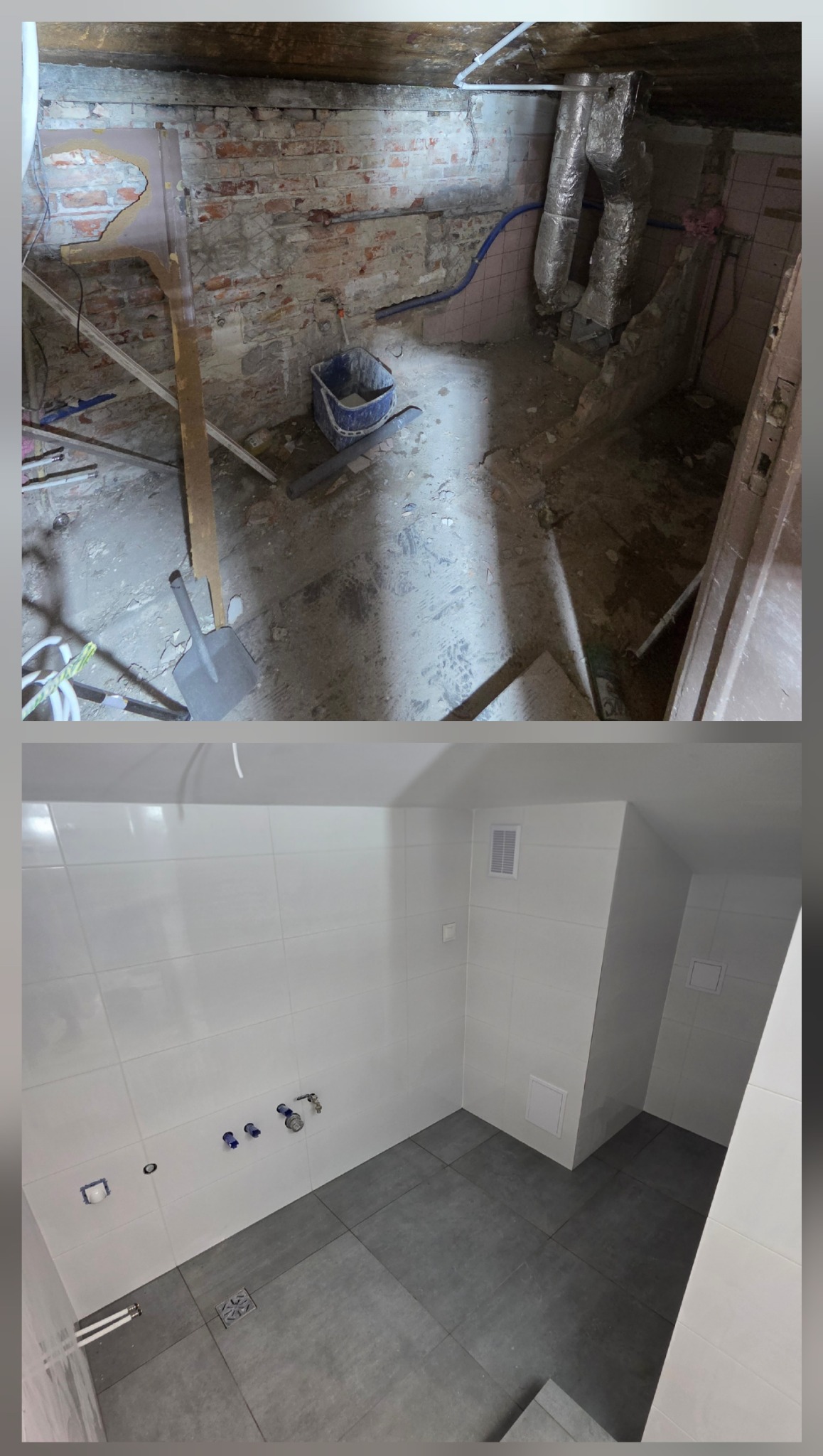 Remont łazienki: zdjęcie 'przed' z odsłoniętą cegłą i instalacjami, oraz 'po' z białymi płytkami i szarą podłogą. Widok z góry, ukazujący metamorfozę przestrzeni.