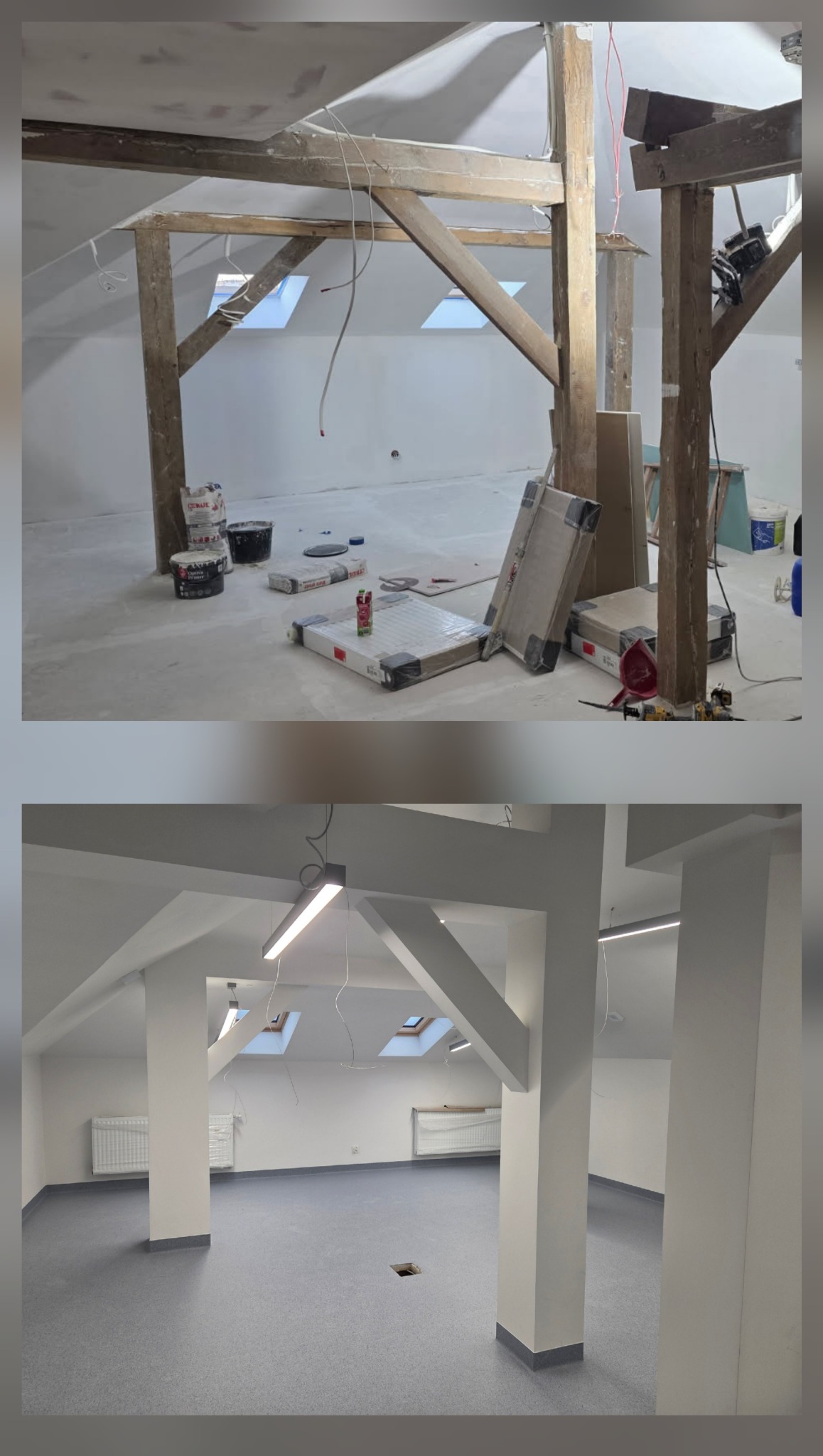 Zdjęcie 'przed i po' przedstawia adaptację poddasza: surowe drewno i kable kontra białe ściany, szare panele i nowoczesne oświetlenie. Widoczne okna dachowe.