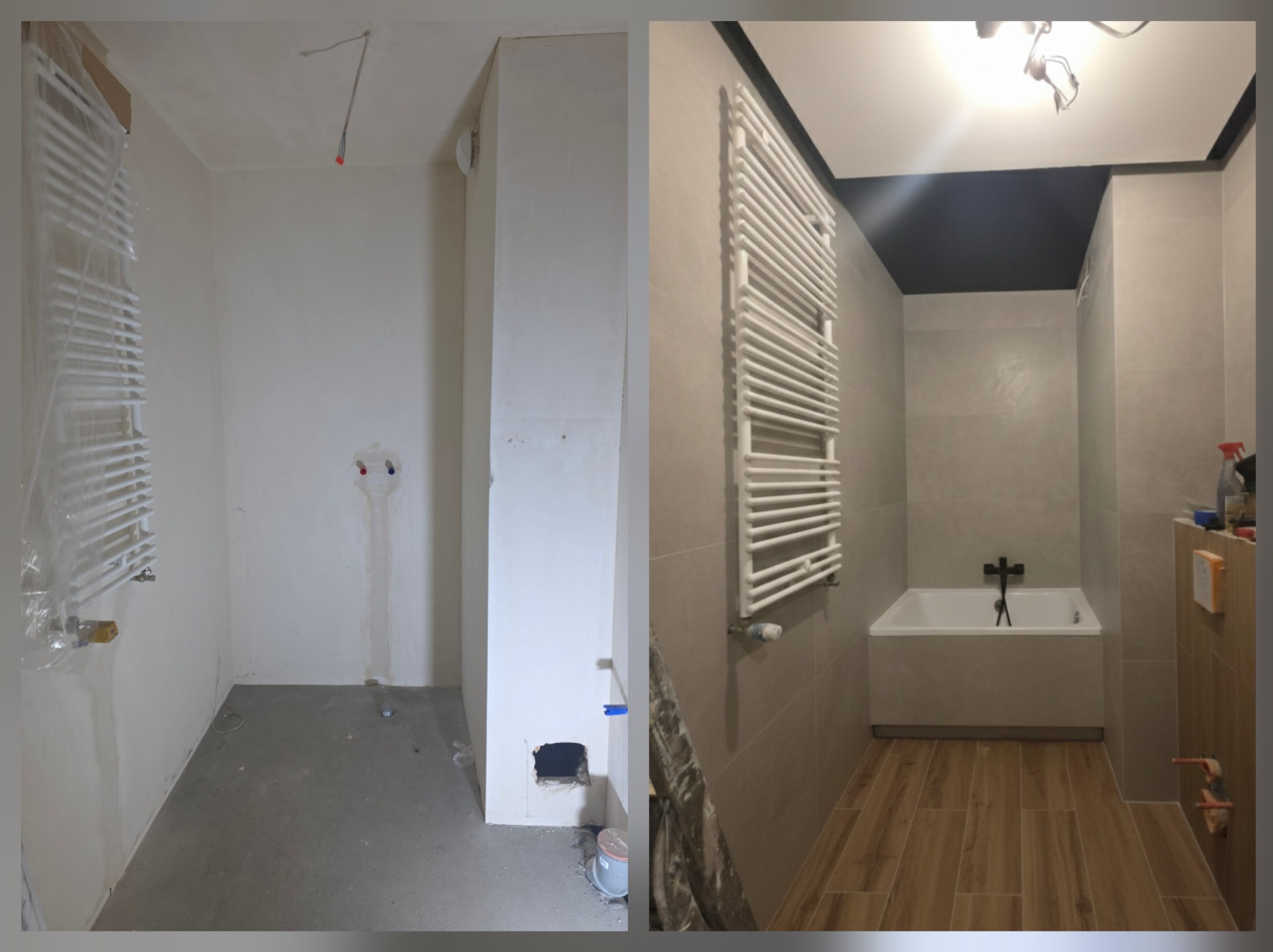 Zdjęcie 'przed i po' prezentujące metamorfozę łazienki: od surowego stanu z grzejnikiem owiniętym folią, do wykończonej przestrzeni z wanną, grzejnikiem i drewnopodobną podłogą.