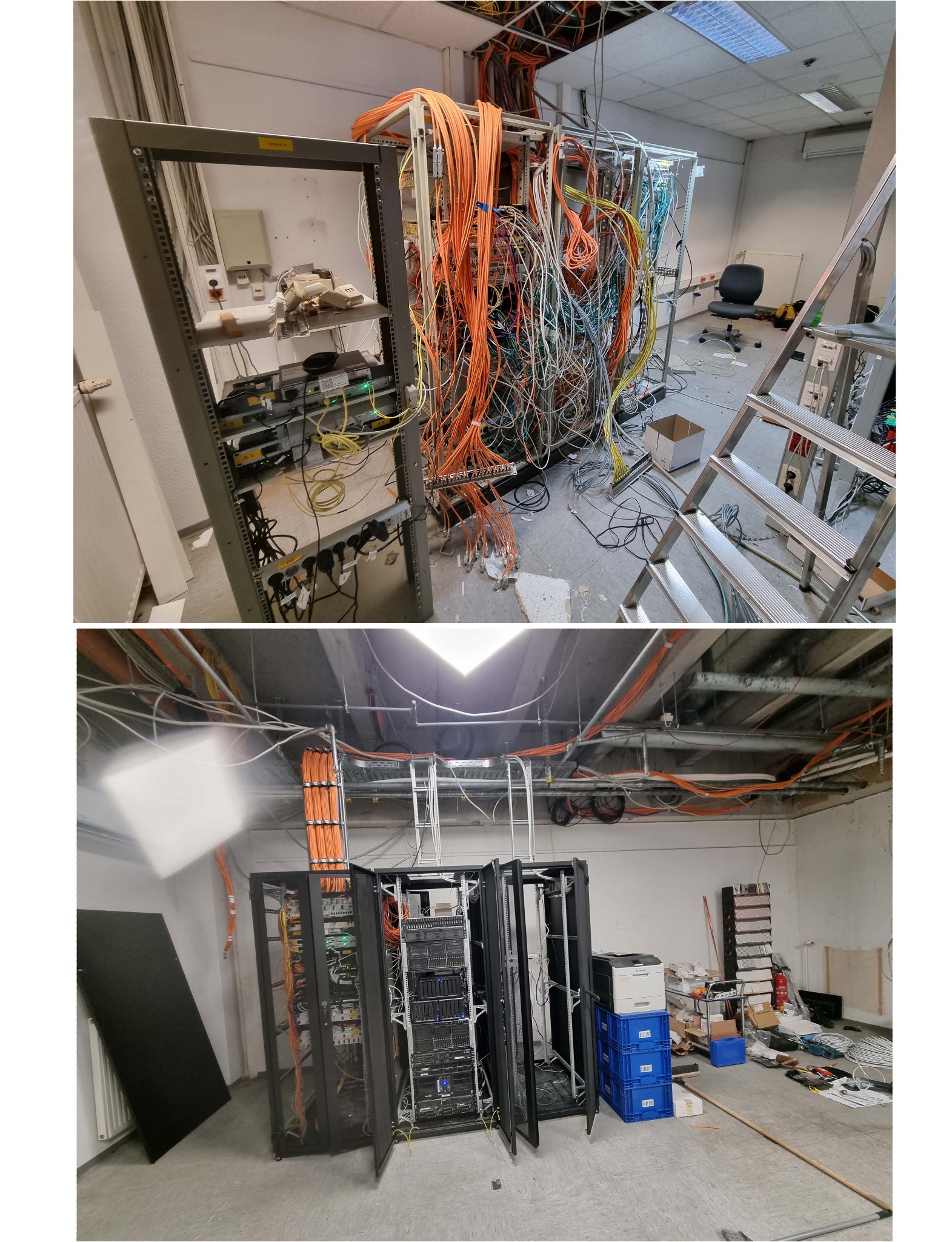 Serwerownia w trakcie prac instalacyjnych: kable sieciowe w szafach rack, drabina, widoczne przewody pod sufitem. Chaos kontrolowany w przestrzeni IT.