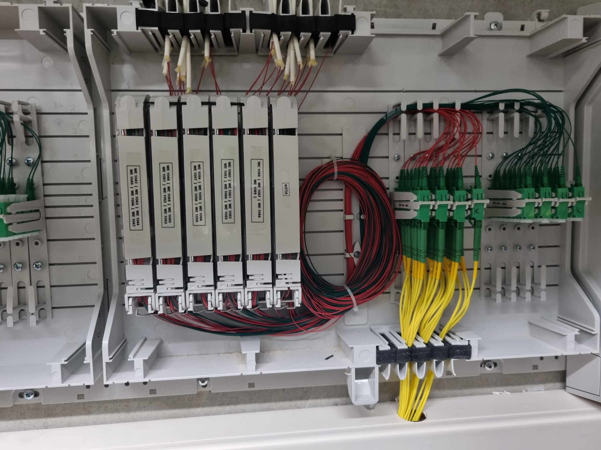 Rozdzielnica światłowodowa z licznymi kablami w kolorach: żółtym, czerwonym i zielonym. Widoczne moduły z oznaczeniami WE 1042, WE 1048, WE 1054, WE 1060, KITTA.