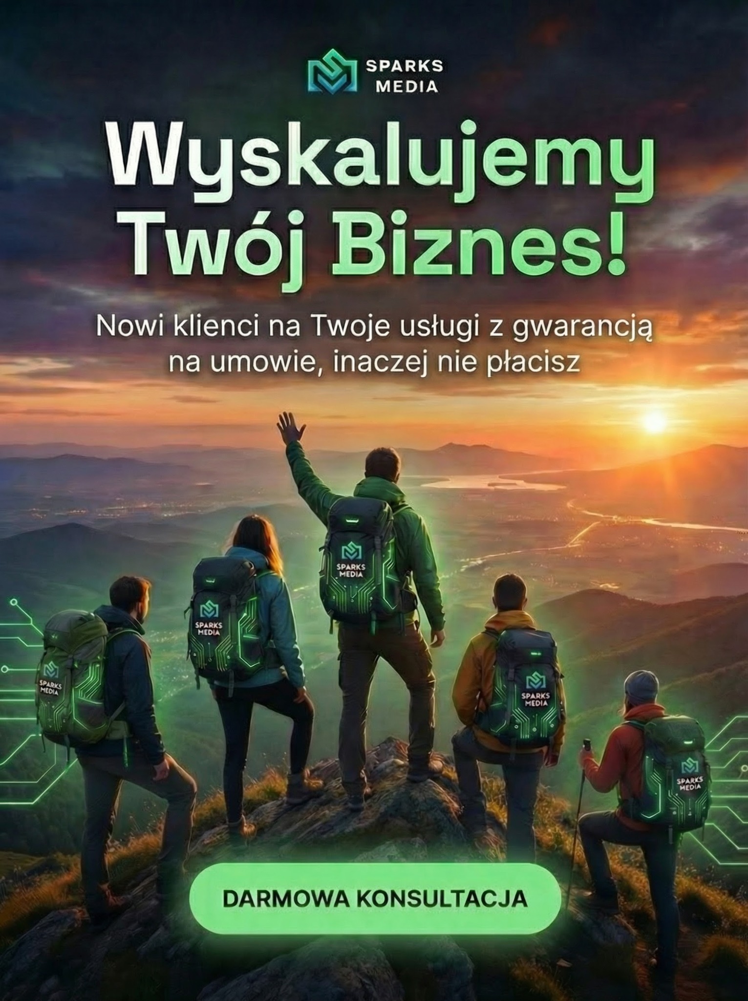 Reklama Sparks Media: grupa turystów z plecakami na szczycie góry o wschodzie słońca. Tekst: 'Wyskalujemy Twój Biznes! Darmowa konsultacja'.