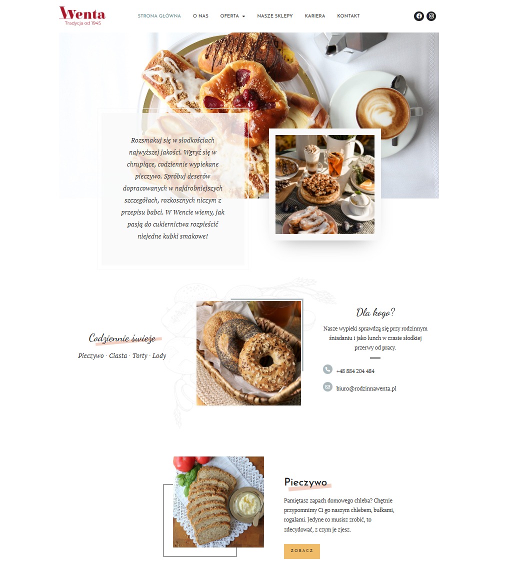 Strona internetowa piekarni Wenta z apetycznymi zdjęciami pieczywa, ciast i kawy. Estetyczny design, jasne tło, czytelna nawigacja i kontakt. Prezentacja oferty.