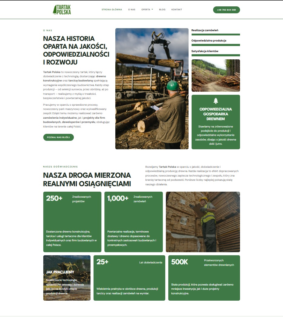 Strona internetowa tartaku Tartak Polska: wizualizacja oferty, doświadczenie, realizacje, odpowiedzialna gospodarka drewnem, kontakt. Pracownik w kasku z dokumentami.
