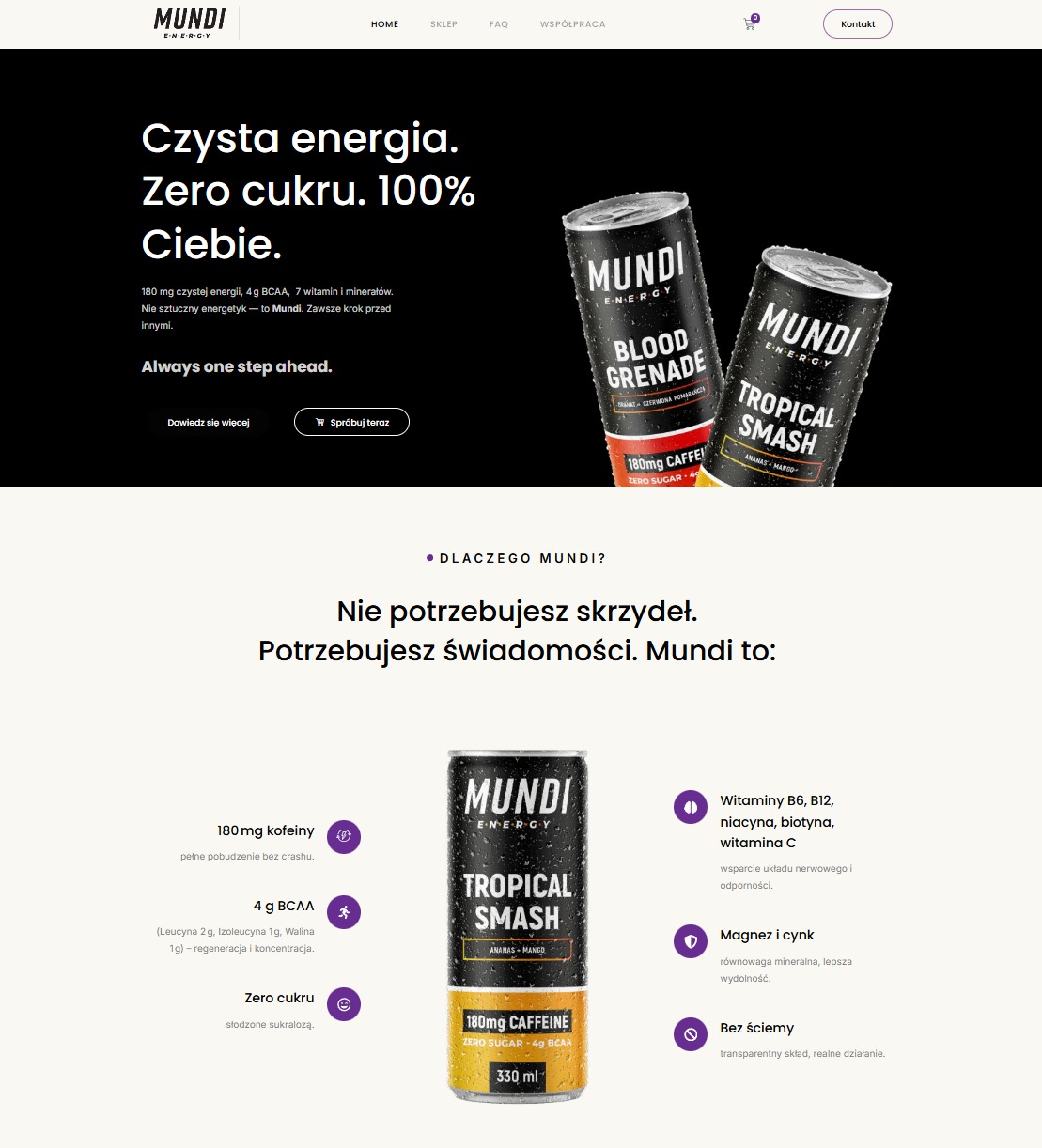 Strona internetowa Mundi Energy z hasłem 'Czysta energia. Zero cukru. 100% Ciebie.' i puszkami napojów energetycznych Tropical Smash i Blood Grenade.