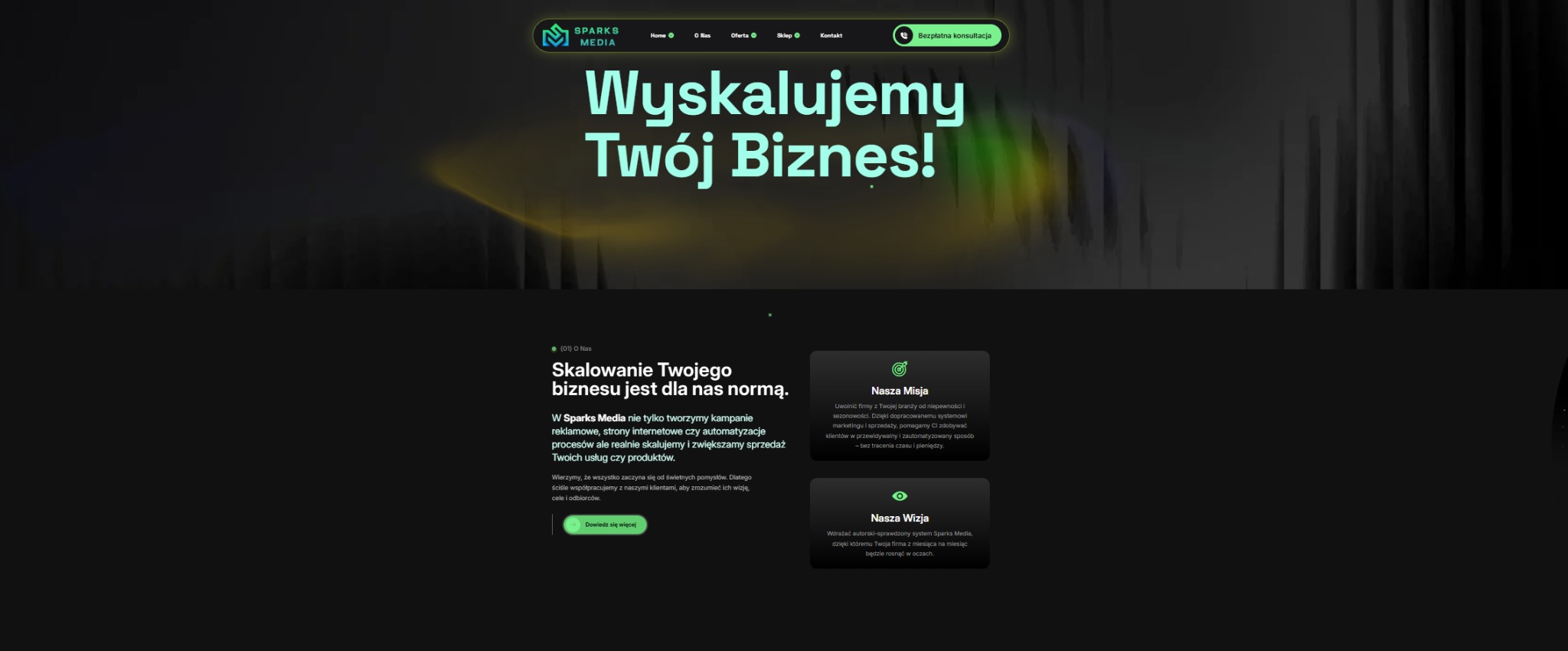 Nowoczesna strona internetowa agencji Sparks Media z hasłem 'Wyskalujemy Twój Biznes!' i opisem misji oraz wizji firmy w ciemnej tonacji z zielonymi akcentami.