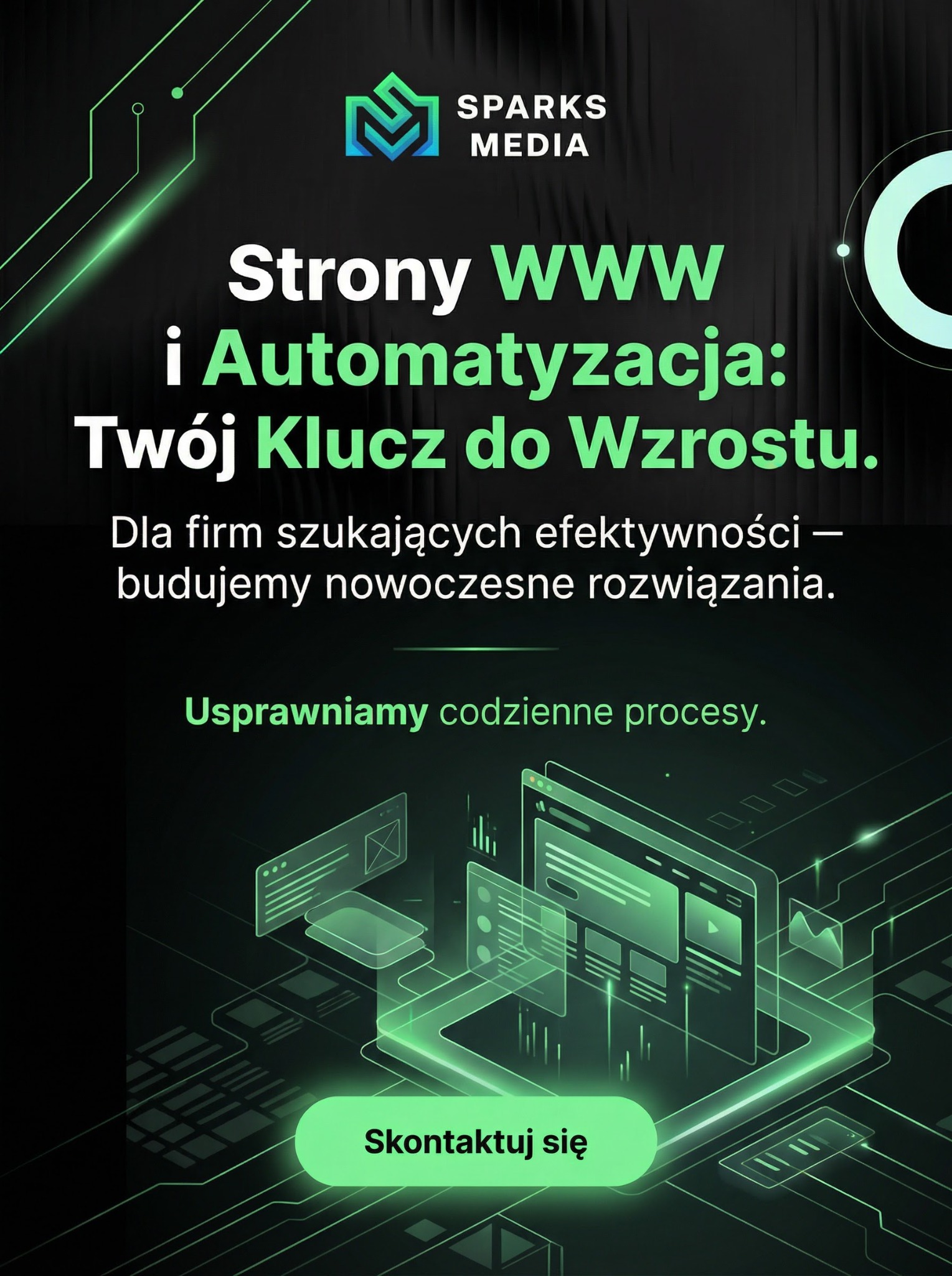 Grafika Sparks Media: Strony WWW i Automatyzacja, klucz do wzrostu. Nowoczesne rozwiązania dla firm, usprawnienie procesów. Złożone ekrany urządzeń w neonowej stylistyce.