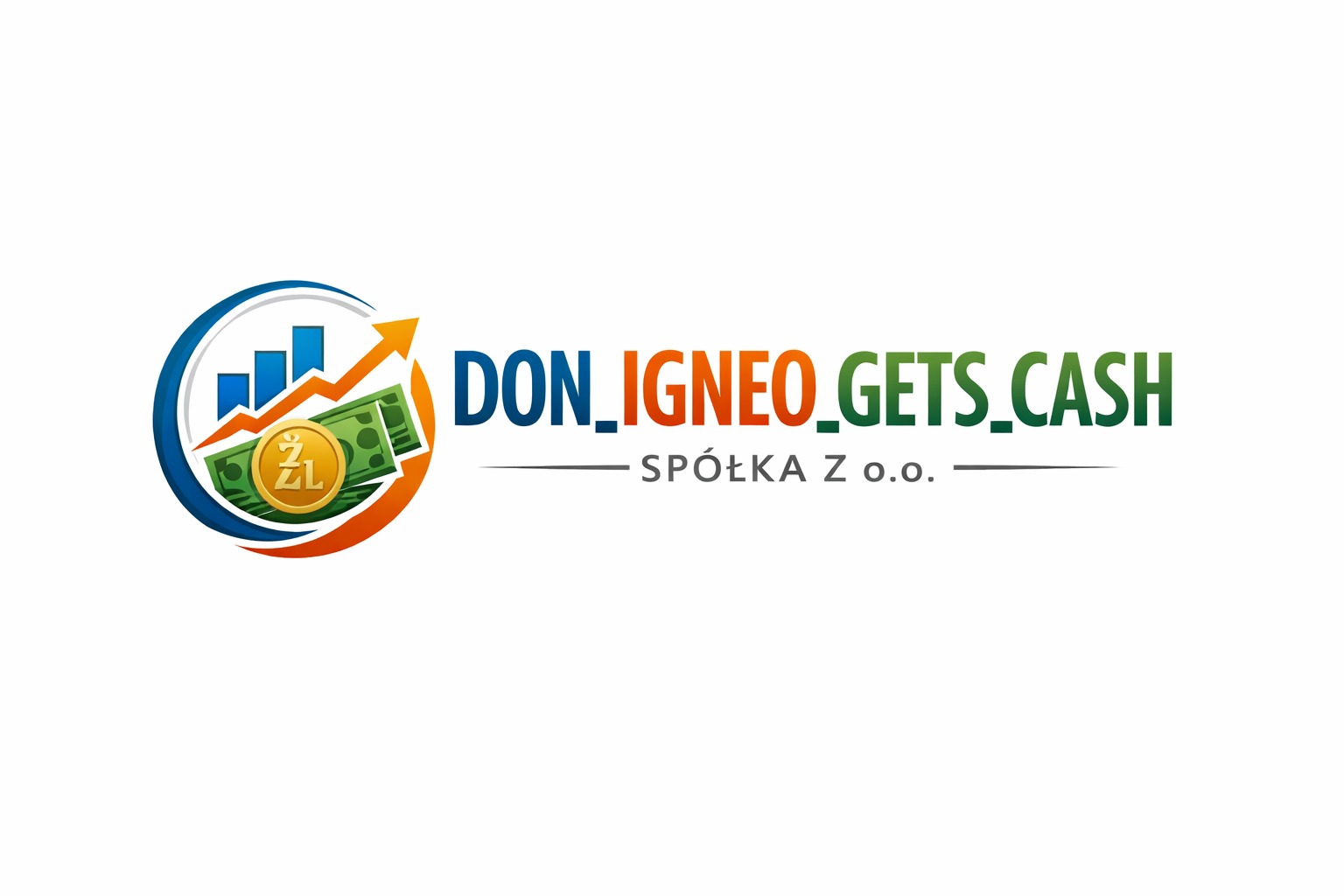 Grafika: Logo firmy Don_Igeo_Gets_Cash Spółka z o.o. z motywem wzrostu finansowego, wykresów, banknotów i monety ze znakiem złotego.