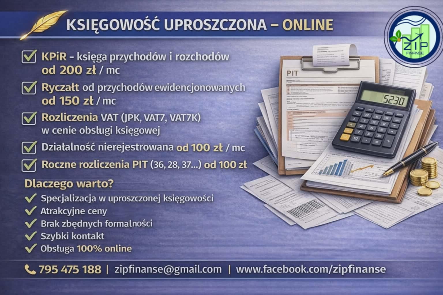 Oferta online: księgowość uproszczona, rozliczenia VAT i PIT, KPiR, ryczałt. Kalkulator, dokumenty PIT, monety i pióro na tle grafiki z hasłami i logo firmy.