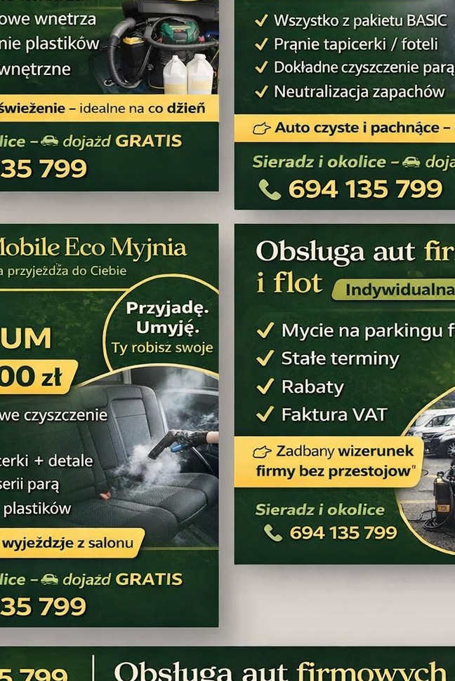 Reklama mobilnej myjni ekologicznej: czyszczenie parą tapicerki samochodowej, z hasłem 'Przyjadę. Umyję. Ty robisz swoje' i numerem telefonu. Sieradz i okolice.